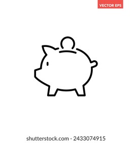 Black single piggy bank thin line icon, simple financial money saving flat design vector pictogram, infographic interface elements for app logo web button ui ux isolated on white background