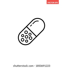 Black single pill line icon, simple health equipment flat design vector pictogram, infographic vector for app logo web website button banner ui ux interface elements isolated on white background