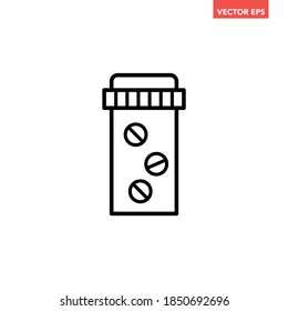 Black single pills bottle line icon, simple health equipment flat design vector pictogram, infographic vector for app logo web website button ui ux interface elements isolated on white background