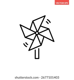 Icono de línea de molinete solo negro, Vector de pictograma de infografía de ilustración de diseño plano de juguete de viento simple, Elementos de interfaz ui ux de Botón de Web de logotipo App aislados sobre fondo blanco