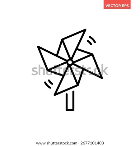 Black single pinwheel line icon, simple wind toy flat design illustration infographic pictogram vector, app logo web button ui ux interface elements isolated on white background