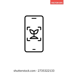 Black single plant identifier line icon. Simple scanning plant by phone flat design vector pictogram, infographic interface elements for app logo web button ui ux isolated on white background