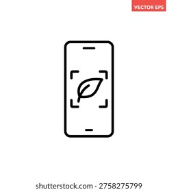 Black single plant identifier line icon. Simple scanning plant by phone flat design vector pictogram, infographic interface elements for app logo web button ui ux isolated on white background