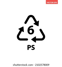 Black single plastic recycle PS 6 line icon, simple recycle code flat design vector pictogram, infographic for app logo web website button ui ux interface elements isolated on white background