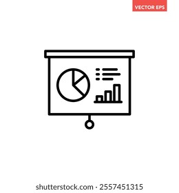 Black single presentation billboard board line icon, simple report projection screen flat design pictogram vector for app ads web banner ui ux interface element isolated on white background