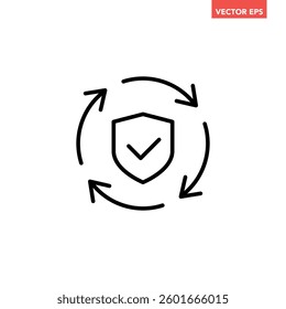 Black single protection system updated successful thin line icon, simple loading guard flat design pictogram vector for app ads web banner button ui interface elements isolated on white background