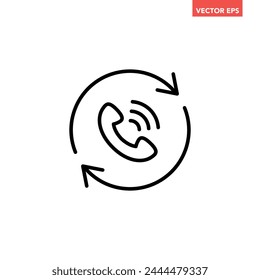Black single recall line icon, simple call back technology flat design pictogram vector for app logo ads web webpage button ui ux interface elements isolated on white background