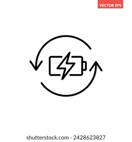 Black single recharge battery line icon, simple sustainable power charging with repeat arrow flat design pictogram, infographic illustration for app logo web button ui ux interface elements