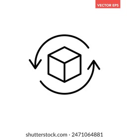 Black single rotating 3D cube model line icon, simple virtual reality flat design illustration pictogram for infographic interface elements for app logo web button ui isolated on white background