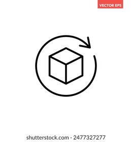 Black single rotating 3D cube model line icon, simple virtual reality flat design illustration pictogram for infographic interface elements for app logo web button ui isolated on white background