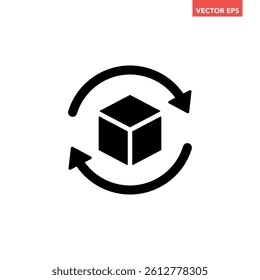 Black single rotating 3D cube model icon, simple virtual reality flat design illustration pictogram for infographic interface elements for app logo web button ui isolated on white background