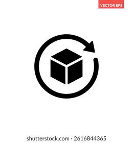 Black single rotating 3D cube model icon, simple virtual reality flat design illustration pictogram for infographic interface elements for app logo web button ui isolated on white background