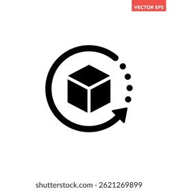 Black single rotating 3D cube model icon, simple virtual reality flat design illustration pictogram for infographic interface elements for app logo web button ui isolated on white background