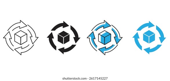 Black single rotating  cube model line icon