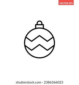 Black single round Christmas ball line icon, simple holiday decoration flat design pictogram, infographic vector for app logo web button ui ux interface isolated on white background