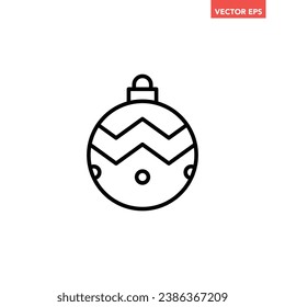 Black single round Christmas ball line icon, simple holiday decoration flat design pictogram, infographic vector for app logo web button ui ux interface isolated on white background