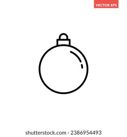 Black single round Christmas ball line icon, simple holiday decoration flat design pictogram, infographic vector for app logo web button ui ux interface isolated on white background