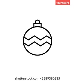 Black single round Christmas ball with pattern line icon, simple holiday decoration flat design pictogram, infographic vector for app logo web button ui ux interface isolated on white background