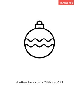 Black single round Christmas ball line icon, simple holiday decoration flat design pictogram, infographic vector for app logo web button ui ux interface isolated on white background