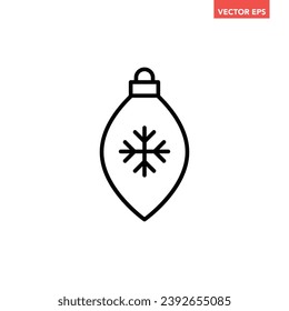 Black single round Christmas ball line icon, snowflake pattern, simple holiday decoration flat design pictogram, infographic vector for app logo web button ui ux interface isolated on white background