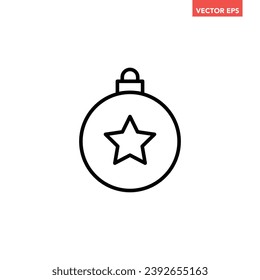 Black single round Christmas ball line icon, simple holiday decoration flat design pictogram, infographic vector for app logo web button ui ux interface isolated on white background