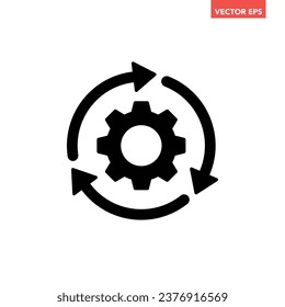 Black single round gear workflow icon, simple cogwheel process cycle glyph flat design vector pictogram, infographic interface elements for app logo web button ui ux isolated on white background
