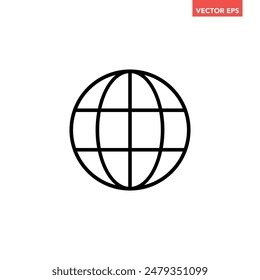 Black single round globe line icon, icon, simple global flat design pictogram concept for app ads logo web banner button ui ux interface elements, vector isolated on white background