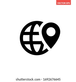 Black single round location globe icon, simple mapping business pin mark flat design vector pictogram, infographic interface elements for app logo web website button ui ux isolated on white background