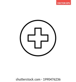 Black single round medical cross linear icon, simple hospital flat design vector pictogram, infographic vector for app logo web website button ui ux interface elements isolated on white background