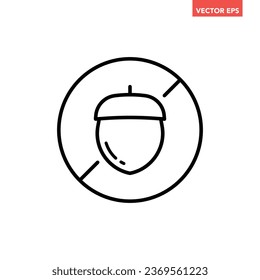 Black single round nuts free badge thin line icon, simple ingredient no contain mark flat design pictogram, infographic vector for app logo web button ui ux interface isolated on white background