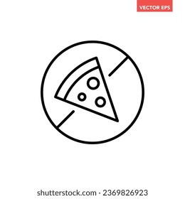 Black single round pizza forbidden thin line icon, simple no food allowed stop sign flat design pictogram, infographic vector for app logo web button ui ux interface isolated on white background
