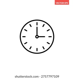 Black single round time clock icon, simple 3am or 3pm clock flat design vector pictogram, infographic vector for app logo web website button ui ux interface elements isolated on white background