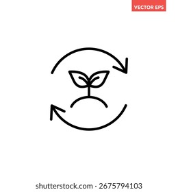 Black single round zero waste line icon, simple renewal nature sign or organic recycle symbol flat design pictogram vector for app ads web button ui interface elements isolated on white background