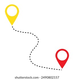 Black single route tracking icon, simple 2 pins path searching.Vector illustration isolated on white background.Eps 10.