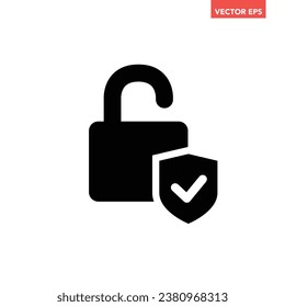 Black single safety unlock icon, simple simple safe password protection flat design concept vector for app ads web banner button ui ux interface elements isolated on white background