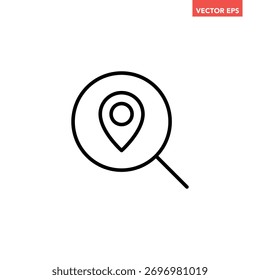Icono de línea de ubicación de búsqueda única negra, lupa simple sobre pictograma de diseño plano de pin de ubicación, Vector de infografía para logo App Botón de Web ui ux elemento de interfaz aislado sobre fondo blanco