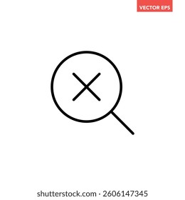 Black single search no result magnifying glass line icon, simple search error sign flat design interface infographic element for app ui ux web button, vector isolated on white background