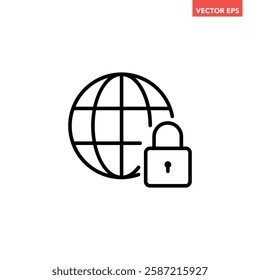 Black single secure internet line icon, simple globe with padlock flat design vector pictogram, infographic interface elements for app logo web button ui ux isolated on white background