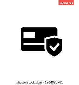 Black single security payment icon, simple credit card shield confirmed flat design pictogram interface element for app ads logo ui ux seal web banner button, vector isolated on white background