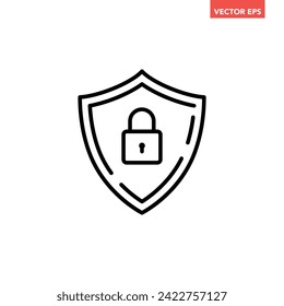 Black single security shield line icon, simple safety protection  keys flat design vector pictogram, infographic interface elements for app logo web button ui ux isolated on white background