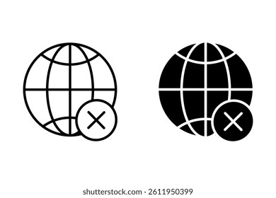 Black single server not confirm line icon, simple globe with failed checkmark flat design vector pictogram, infographic interface elements for app logo web button ui ux isolated on white background