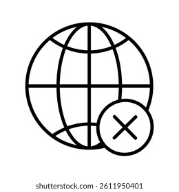 Black single server not confirm line icon, simple globe with failed checkmark flat design vector pictogram, infographic interface elements for app logo web button ui ux isolated on white background