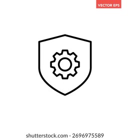 Black single shield with gear line icon, simple gear setting protection flat design illustration infographic pictogram vector, app logo web button ui ux interface elements isolated on white background