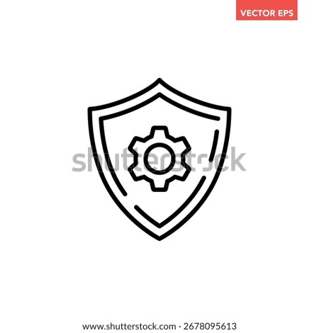 Black single shield with gear line icon, simple gear setting protection flat design illustration infographic pictogram vector, app logo web button ui ux interface elements isolated on white background