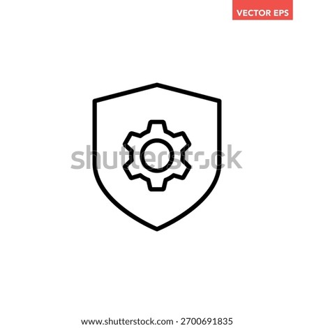Black single shield with gear line icon, simple gear setting protection flat design illustration infographic pictogram vector, app logo web button ui ux interface elements isolated on white background