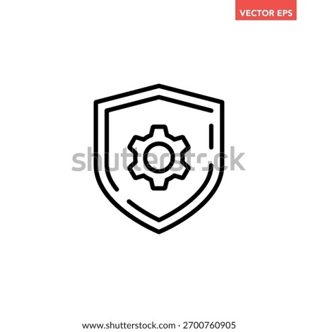 Black single shield with gear line icon, simple gear setting protection flat design illustration infographic pictogram vector, app logo web button ui ux interface elements isolated on white background