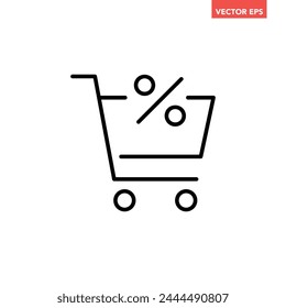 Black single shop discount cart line icon, simple shopping flat design illustration pictogram, infographic vector for app ads web banner button ui interface elements isolated on white background