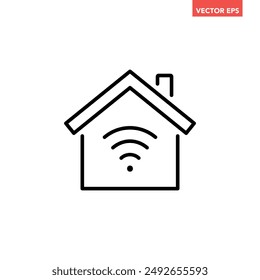 Black single smart home line icon, simple house wifi technology flat design, wi-fi included concept vector for app ads web banner button ui ux interface elements isolated on white background
