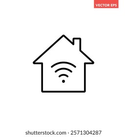 Black single smart home line icon, simple house wifi technology flat design, wi-fi included concept vector for app ads web banner button ui ux interface elements isolated on white background