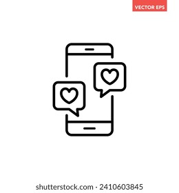 Teléfono inteligente simple negro con icono de la línea de mensajes de burbuja cardíaca, pictograma de diseño plano gráfico digital simple, vector infográfico para el logotipo de la aplicación botón web ui ux interfaz aislado en fondo blanco